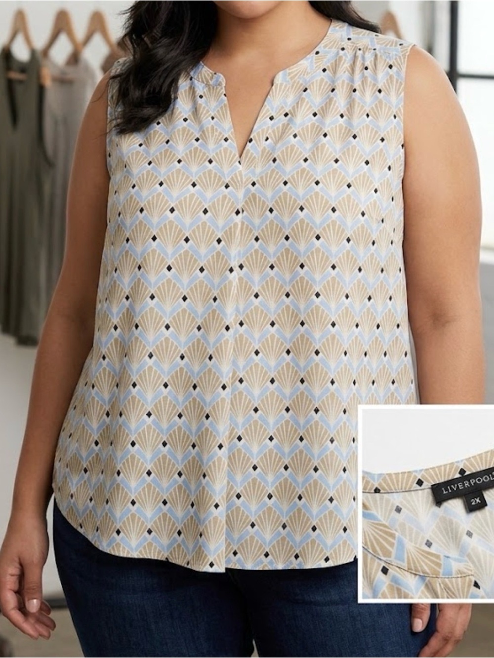 NYDJ Geometric Print Sleeveless Camisole - Light Blue & Cream